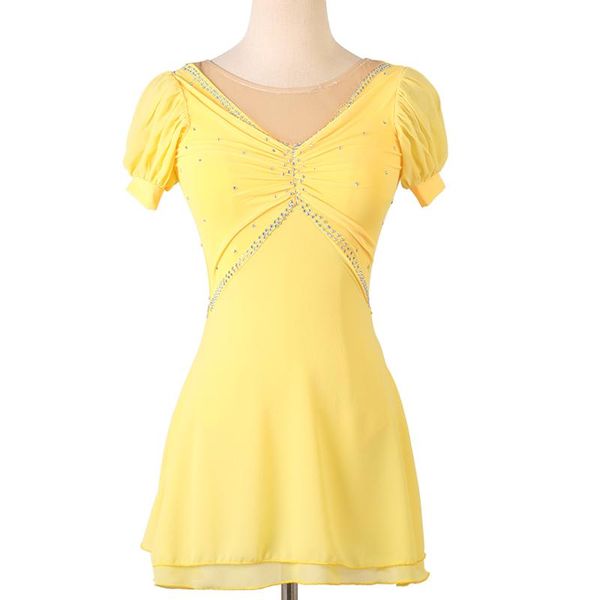 Traje de Palco Amarelo Preto Vestido de Patinação Artística Cristais Strass Feminino Menina Gelo Crianças Fantasia de GinásticaPalco