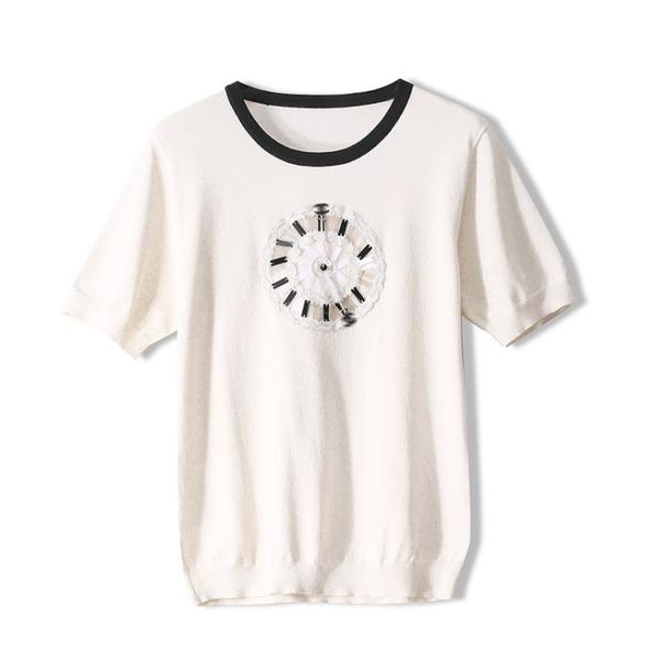 

219 2022 milan runway spring summer brand same style sweater short sleeve crew neck white black beads pullover striped womens ou