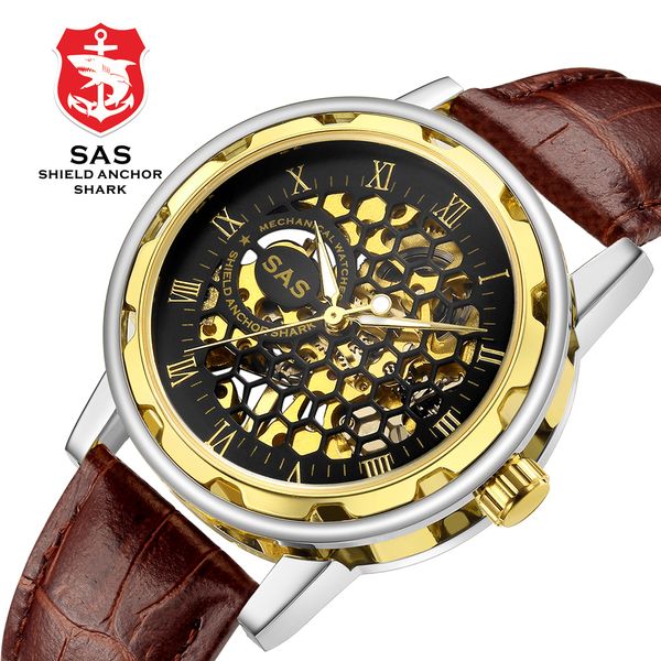 Relógio Masculino Relógio Masculino Moda Favo De Mel Mostrador Oco SAS Shark Skeleton Relógios Mecânicos Relógios de Couro de Marca de Luxo Masculino
