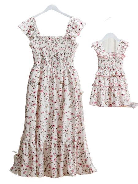 

plus 1pc ditsy floral print shirred butterfly sleeve ruffle hem dress 82b1#, Black