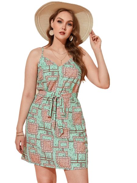 

plus 1pc ditsy floral belted cami dress l56r#, Black