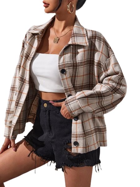 

plaid drop shoulder shacket c4oj#, Black;brown