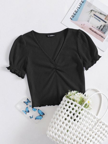 

ruched detail frilled cuff puff sleeve lettuce edge z5uu#, White