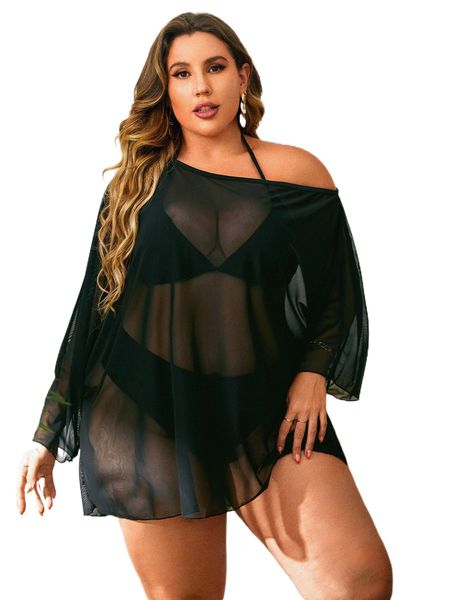 

plus asymmetrical neck cover up without bikini u3oc#, Black