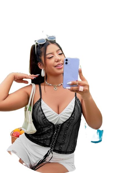 

plus lace-up front contrast lace cami 38sf#, Black