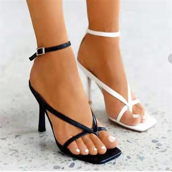 

ladies sandals t strap cross strap thongs square toe heels stilettos summer party street fashion flip flop, Black