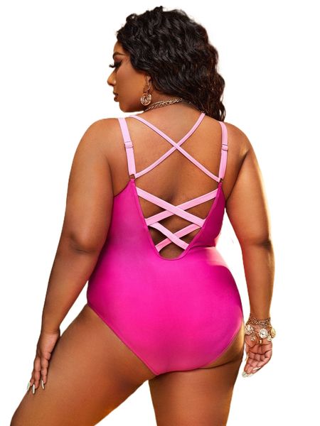 

plus neon pink colorblock criss cross one piece swimsuit y2d5#, White;black