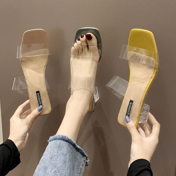 

women shoes 2022 pvc flip flop simple style clear high heels transparent heels slippers summer fashion square heel slippers, Black