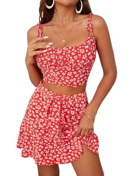 

floral print ruched bust cami & ruffle hem skirt 95um#, White