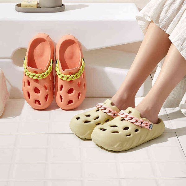 

slippers women jelly beach sandals summer fashion cute colorful chain hole shoes men flat anti slip couple eva cushion at home slides 220708, Black