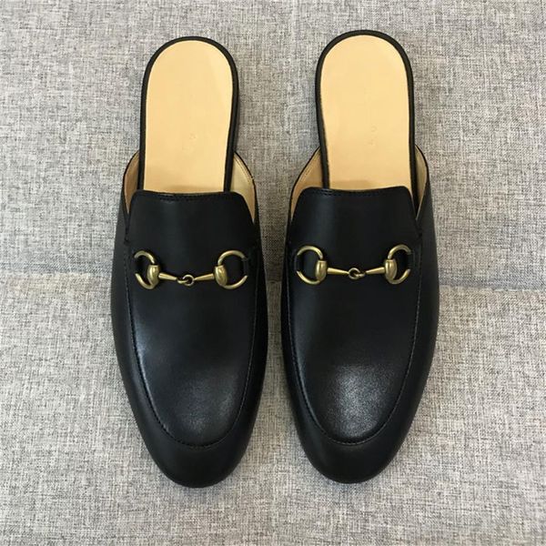 

op quality 28 styles genuine leather loafers muller slipper with buckle fashion women princetown ladies casual mules flats215a, Black