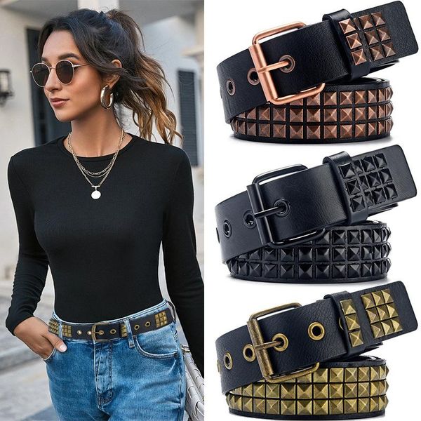 

belts men's and women's square bead belt european american style retro punk pyramid rivet pin buckle, Black;brown