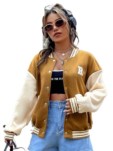 

letter patched striped trim drop shoulder varsity jacket i4ag#, Black;brown