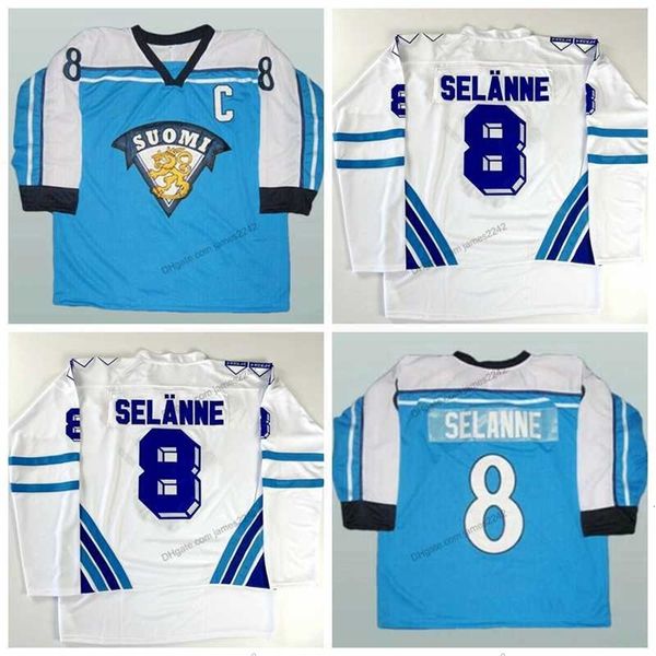 Nikivip Özel Retro Teemu Selanne #8 Takım Finlandiya Hokey Forması Dikişli Beyaz Mavi Boyut S-4XL Herhangi bir isim ve numara en iyi kalite formaları