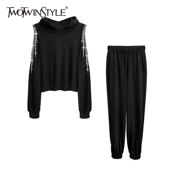 

twotwinstyle off shoulder two piece set for women hooded collar patchwork tassel casual pants female sets spring 210517, White