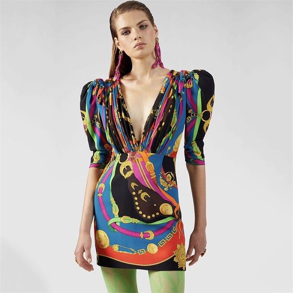 

2020 new summer spring dress runway vintage print pattern neck casual elegant mini long sleeve dresses lj200909, Black;gray