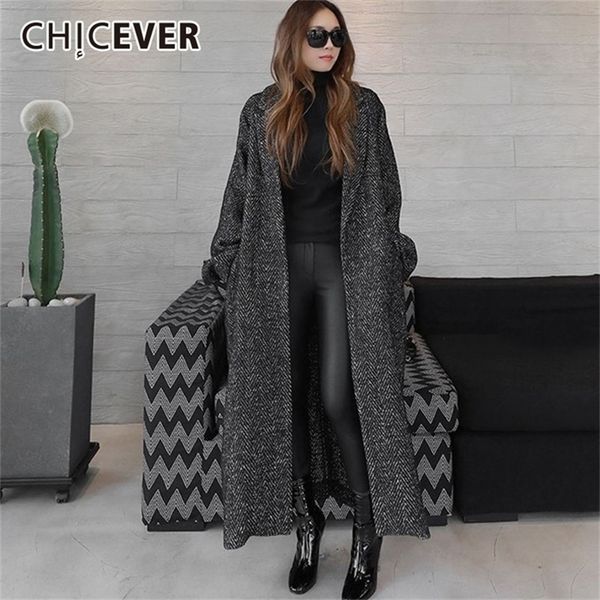 

chicever autumn winter women's coats female jackets lapel long sleeve loose oversize black lace up coat fashion casual clothes 201222