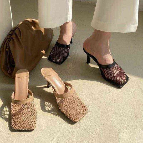 

2022 new hollow breathable mesh woman thin high heels slippers summer square toe mules femme shoes pumps sandals ytmtloy 220610, Black
