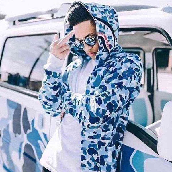 

hip hop camo men women hoodies lovers sportwear coat jogger tracksuit zipper fleece sweatshirt hip hop shark mouth print hoodie leisure, Black
