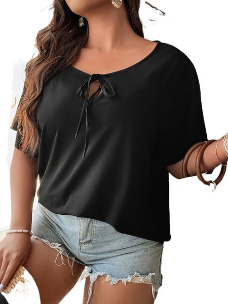 

plus solid tie neck tee 76ez#, Black