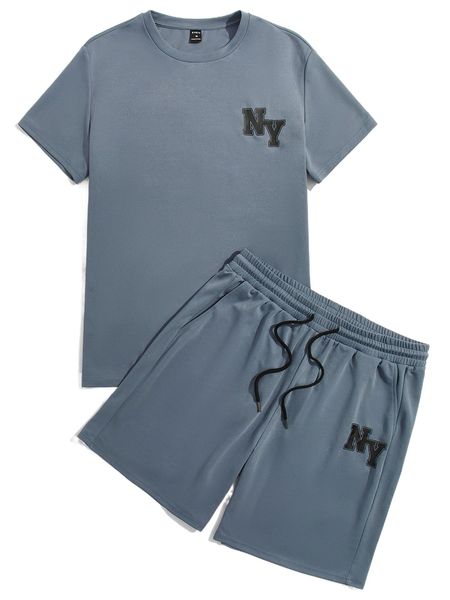 

men letter graphic tee & drawstring waist track shorts d3ro#, Gray