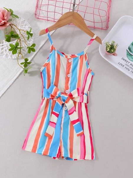 

toddler girls striped print color block half button belted cami romper she, Blue