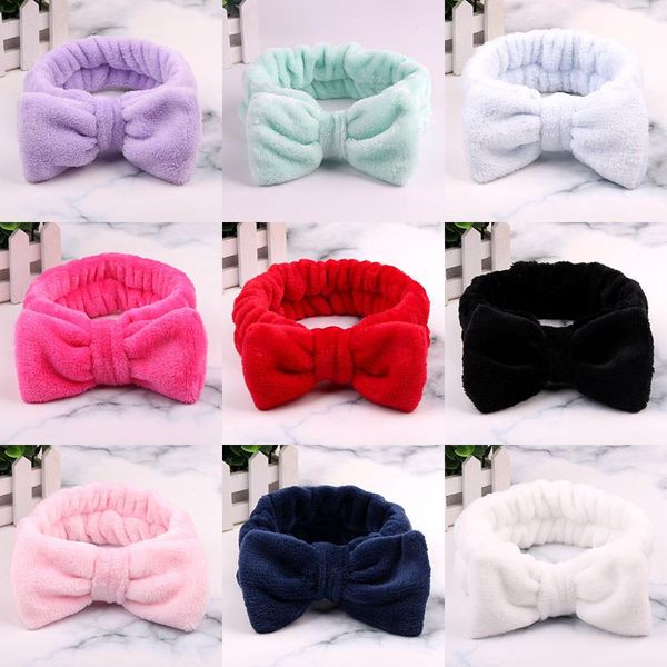 10 Cores Mulheres Coral Fleece Bow Hair Band Cor Sólida Lavagem Rosto Makeup Headbands Fashion Girls Turban Head Wraps Acessórios