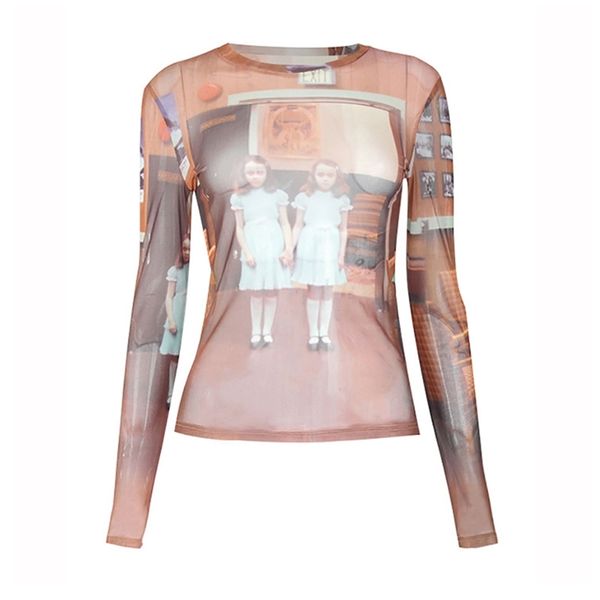 

women fashion mesh crop print see through long sleeve cropped slim tshirts female y2k streetwear club party clothes 220809, White
