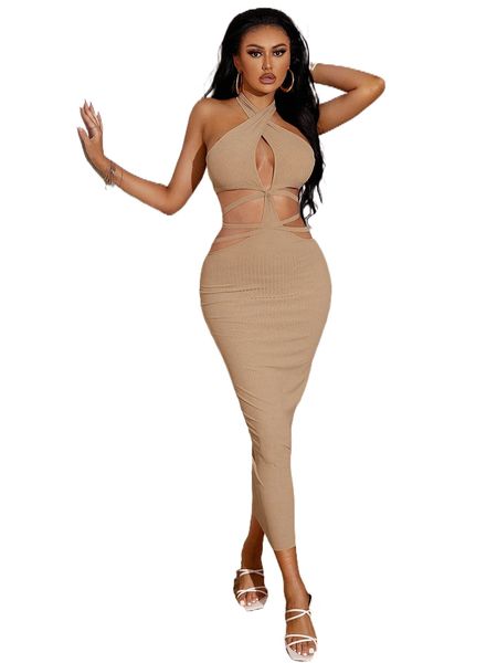 

sxy cut out tie back halter neck bodycon dress a0sh#, Black;gray