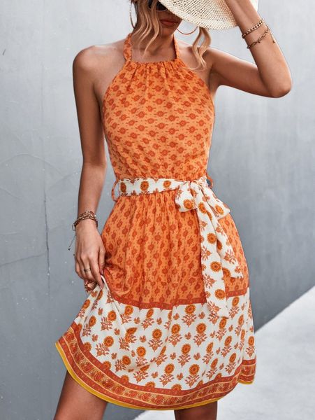 

floral print belted halter dress k8tt#, Black;gray
