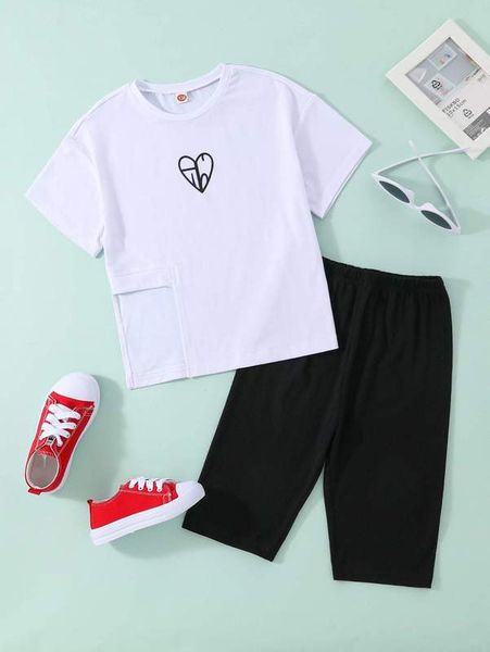 

girls heart print asymmetrical hem tee & biker shorts she, White