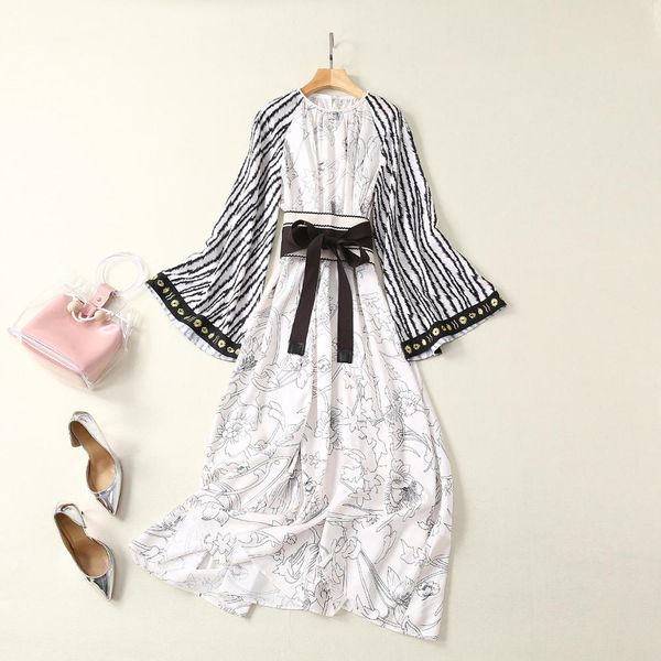 

runway dresses o neck elegant dress flower print long party dress fashion, Black