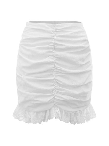 

eyelet embroidery ruched ruffle hem skirt f5di#, Black