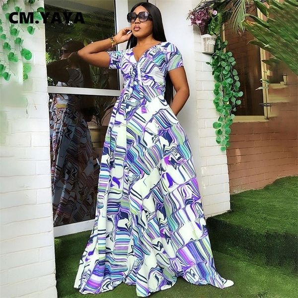 

cm.yaya women long dress print short sleeve v-neck loose maxi a-line dresses fashion office lady outfit summer vestidos 220516, Black;gray