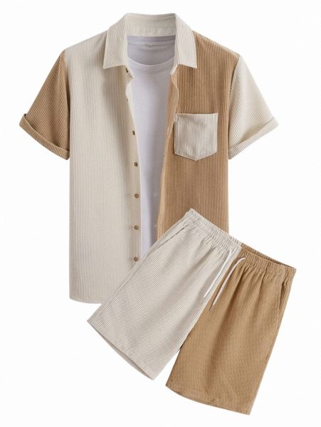 

men two tone corduroy shirt & drawstring waist shorts without tee m4xt#, Gray