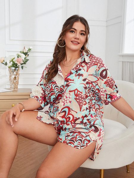 

plus geo print drop shoulder blouse & shorts x0zm#, Black
