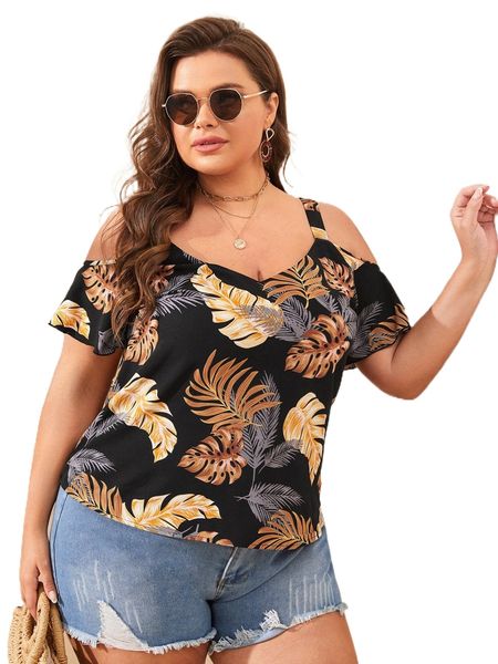 

plus tropical print cold shoulder blouse i59x#, Black
