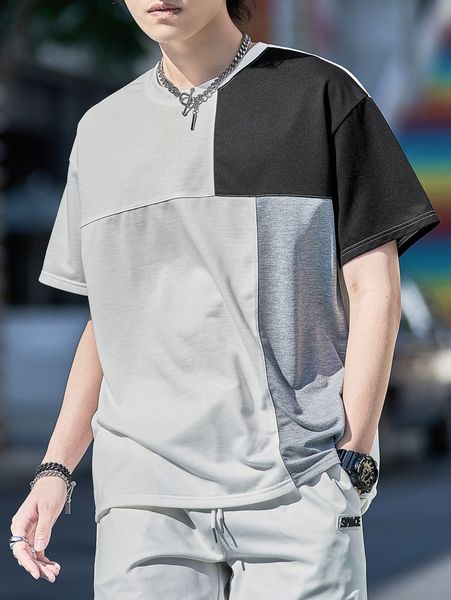 

men colorblock drop shoulder tee q70z#, White;black