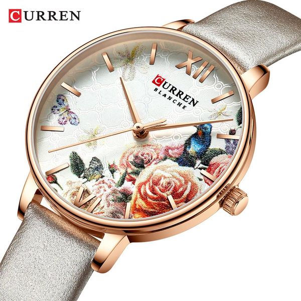 

curren beautiful flower design watches women fashion casual leather wristwatch ladies watch female clock women's quartz watch249k, Slivery;brown