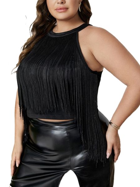 

plus fringe trim asymmetrical hem 43g8#, Black