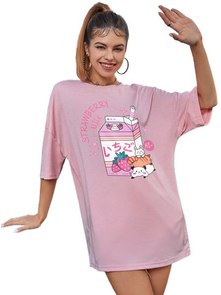 

cartoon & japanese letter graphic drop shoulder tee k7hj#, White