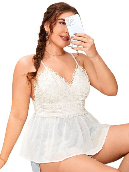 

plus contrast guipure lace tie backless peplum cami b21w#, Black