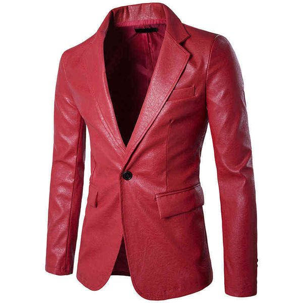 Erkek İnce Yüksek Son Kırmızı Pu Ceket Erkekler Moda Uzun Kollu Formal Giyim Sahte Deri Bahar Plus Boy Boyut katı 2xl L220725