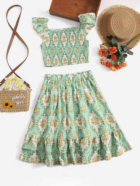 

girls floral print shirred & ruffle hem skirt she, White