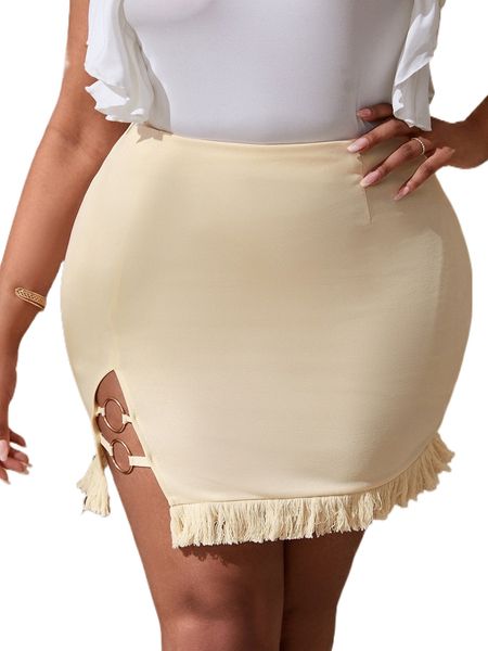 

sxy plus o-ring fringe hem split skirt 99zn#, Black