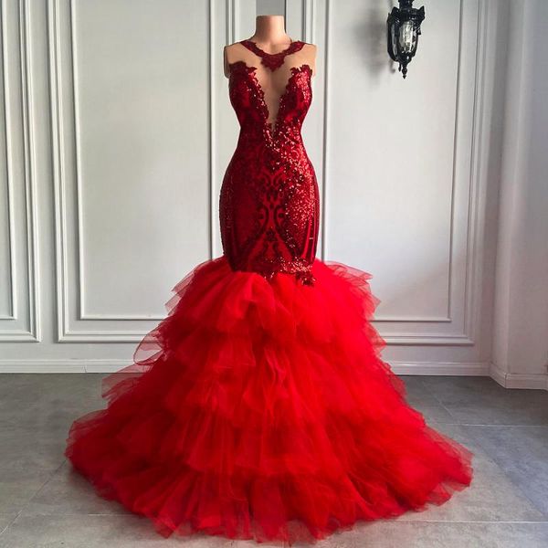 Vestidos de festa longos baile elegante 2022 Ruffless Mermaid Style equipado com lantejoulas brilhantes Africano Black Girls Red Tule Gala Gala RealParty