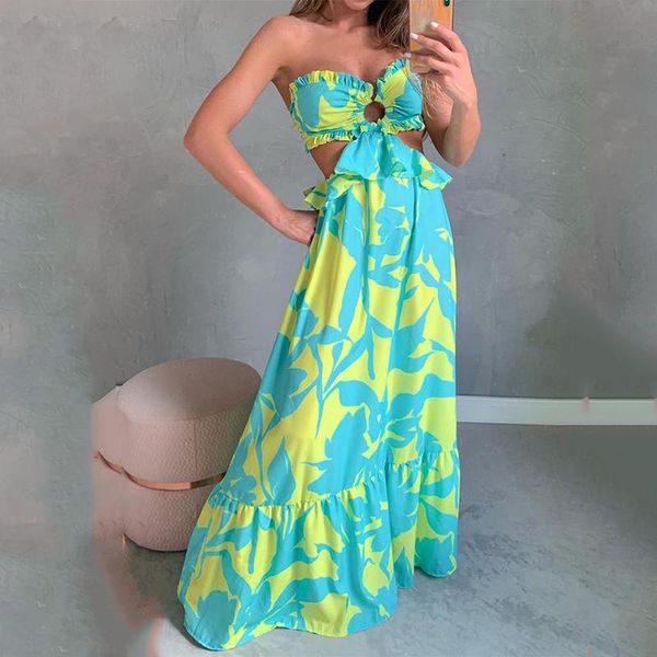 

casual dresses dress for women printed hollow ruffle maxi, Black;gray