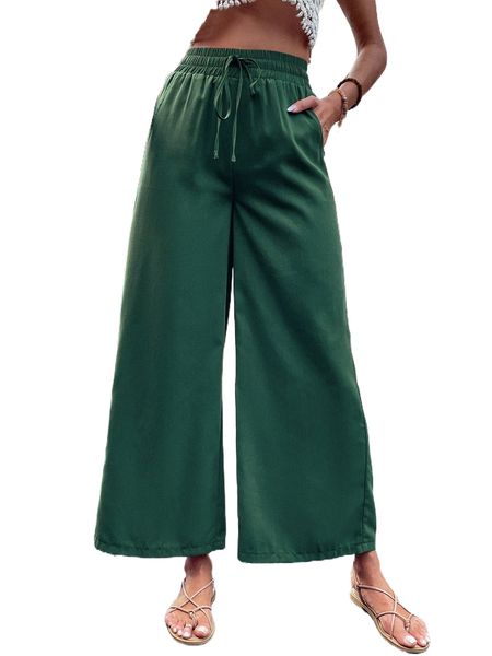 

drawstring waist wide leg pants l1qk#, Black;white