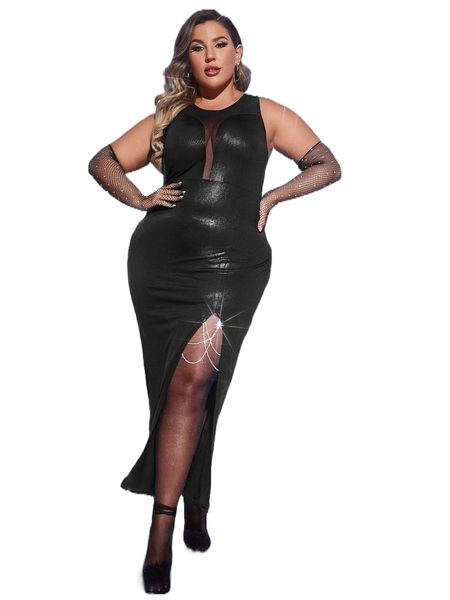 

plus 1pc mesh insert split thigh bodycon dress without chain y6ta#, Black