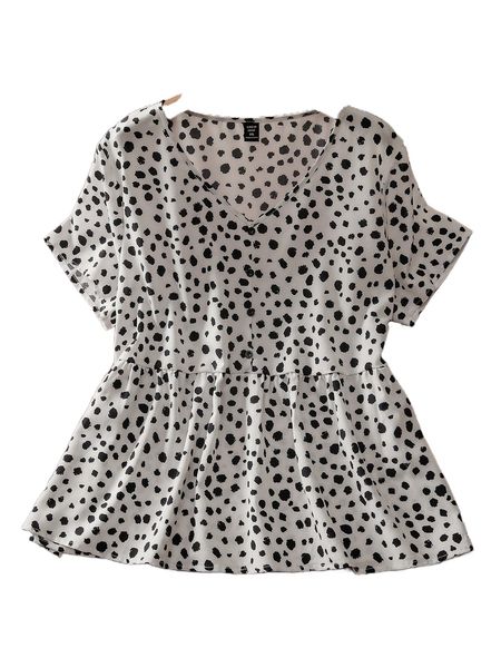 

plus all over print button half peplum blouse q8vq#, Black